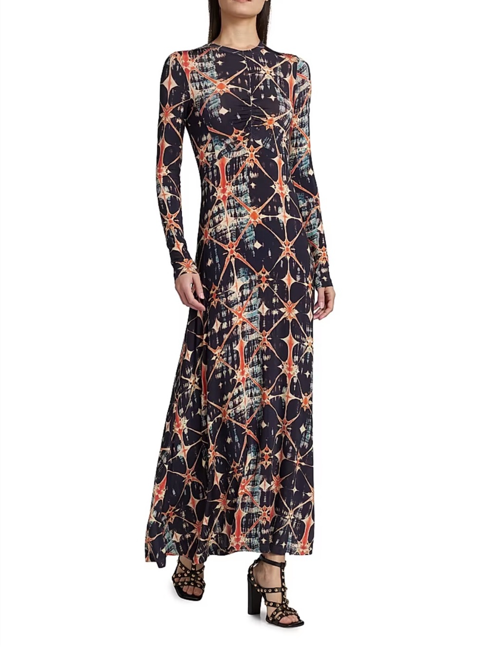 Ulla Johnson Navy Printed Naia Long-Sleeve Maxi Dress with Coral Accents